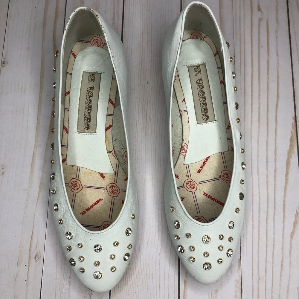 El Vaquero Vintage Rhinestone Studded Leather White Flats/Low Heels Sz 38 - Picture 5 of 14